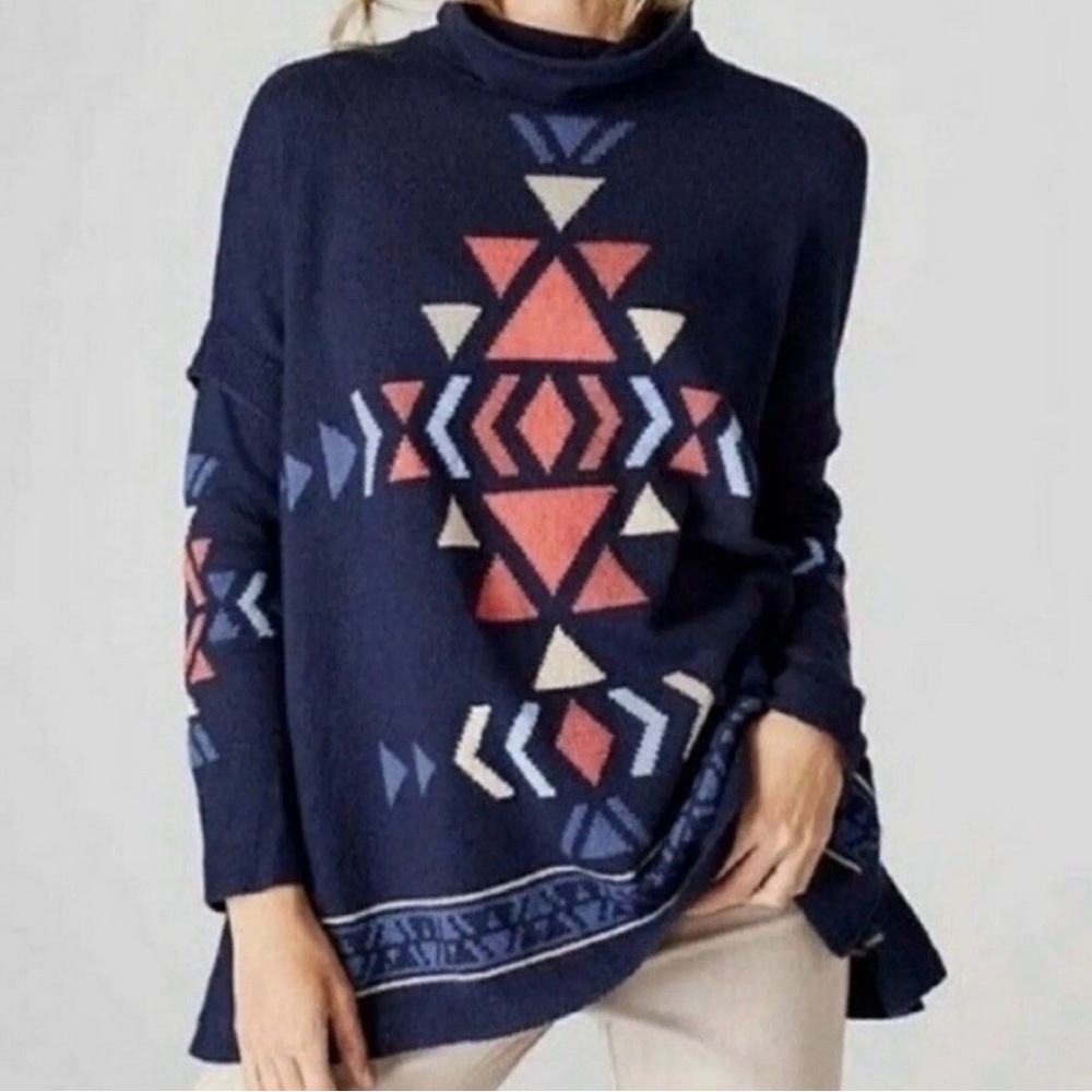 J.Jill Intarsia Funnel Neck Indigo Blue Southwest Aztec Poncho Sweater Size L